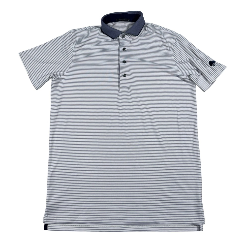 Greyson Polo Shirt Mens Medium White Navy Striped Golf Performance Wolf Logo